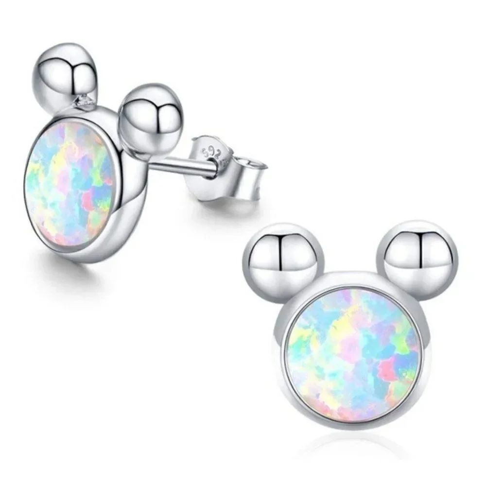 .925 Sterling Silver and White Fire Opal Mickey Mouse Post Back Stud Earrings